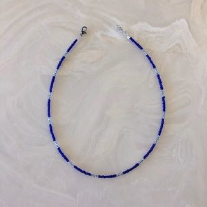 16 inch blue + silver glass seed bead choker